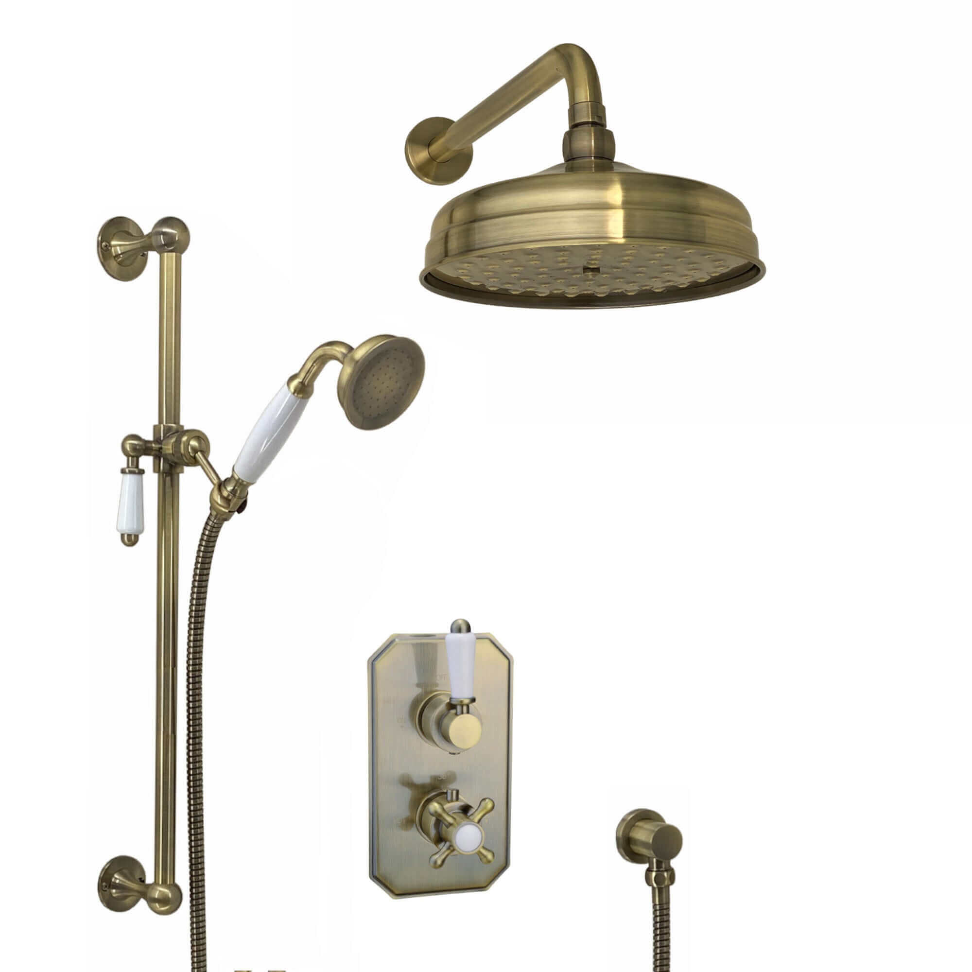 Buy Regent Traditional Crosshead And White Lever Concealed Thermostatic Shower Set Incl. Twin Valve, Wall Fixed 8" Shower Head, Slider Rail Kit - Antique Brass (2 Outlet) Online UK | HOUSE OF ENKI